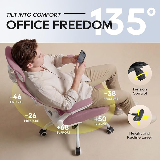 Office Chair, Ergonomic Mesh Desk Chair with Adjustable Lumbar Support and Headrest, Flip-up Armrests, High Back Computer Task Chair for Home and Executive Office (W-All Purple)