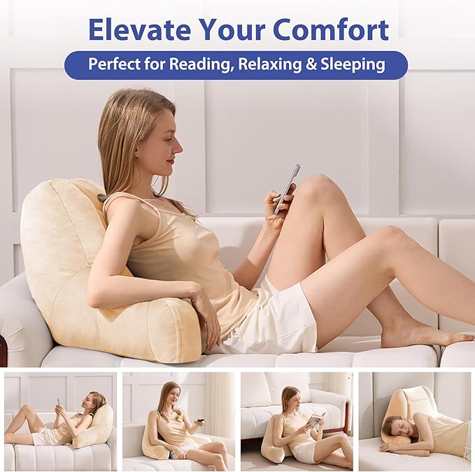 IASEAHK Reading Pillows for Sitting in Bed Adult, Back Pillow for Bed Sitting Up, Backrest Pillows with Shredded Foam for Adult&Teens, Support Pillow with Arms for Beds, Couch, Floor, 18in, Beige