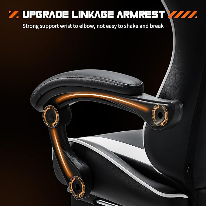 Sweetcrispy Computer Gaming Chair - Ergonomic High Back PU Leather Video Racing Chair with Adjustable Headrest & Footrest, Linkage Armrest, for Office and Home, White