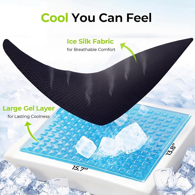 AUVON Cooling Gel Wheelchair Seat Cushion for Sciatica, Back, Pressure Sore and Ulcer Pain Relief, Breathable Memory Foam Chair Cushion with Waterproof Silk Fabric, Removable Strap, Anti-Slip Cover