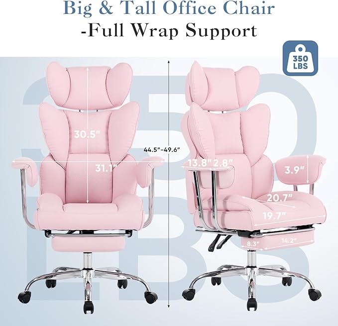DUMOS Big and Tall Office Chair 350 LBS, Scratch-Resistant PU Leather Executive Office Desk Chair with Footrest, Ergonomic Reclining Computer Chair with Pocket Spring Support for Home Office, Pink