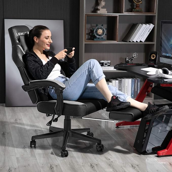 LEMBERI Gaming Chair with Footrest, Ergonomic Video Game Chair for Adults, Big and Tall Chair 400lb Weight Capacity, Racing Style Computer Gamer Chair with Headrest and Lumbar Support, PU Leather