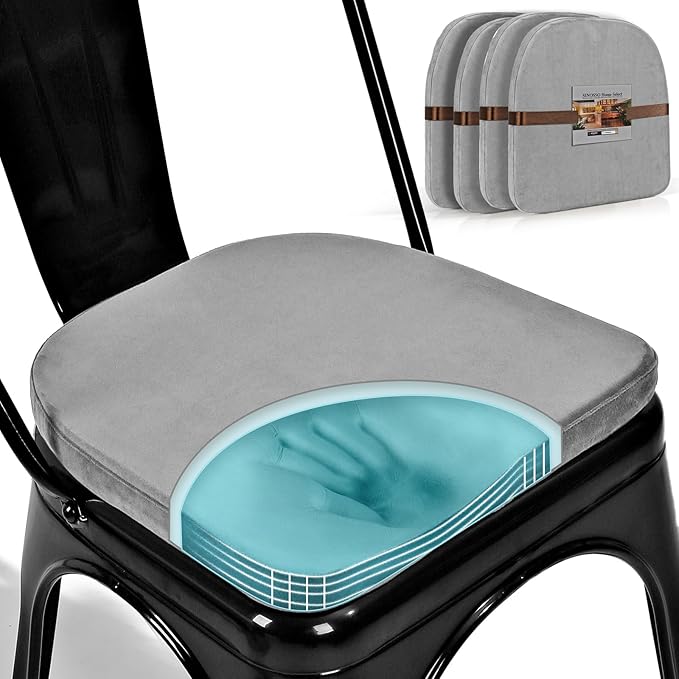 SINOSSO Kitchen Magnetic Metal Chair Cushions Set of 4, 14" Luxury Velvet Memory Foam Seat Pads for Cafe Stackable Chair (U-Shape, Gray, 4)