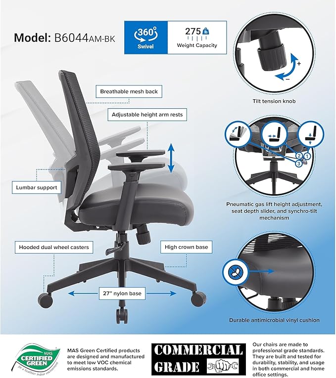 Boss Office Products Mesh Back Vinyl Task Chair with Synchro-Tilt in Black