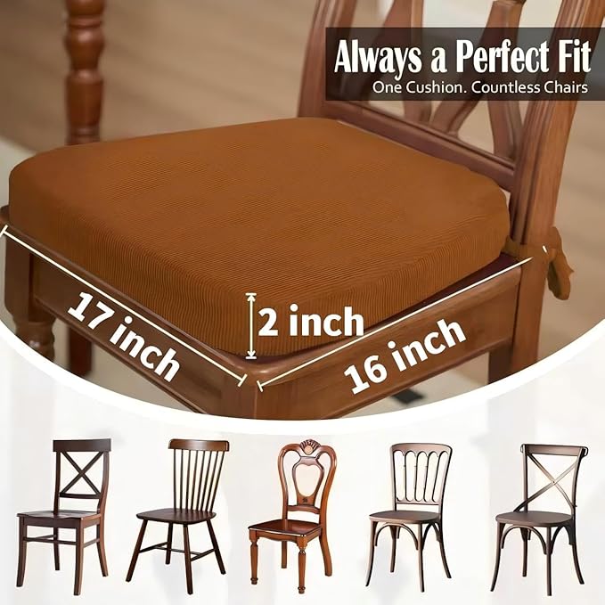 2'' Thick High-Density Foam Indoor Chair Cushions | Dining Chair Pads with Ties, Removable Washable Cover, Kitchen Chair Cushions 17"x16", Orange Brown 2 Pack