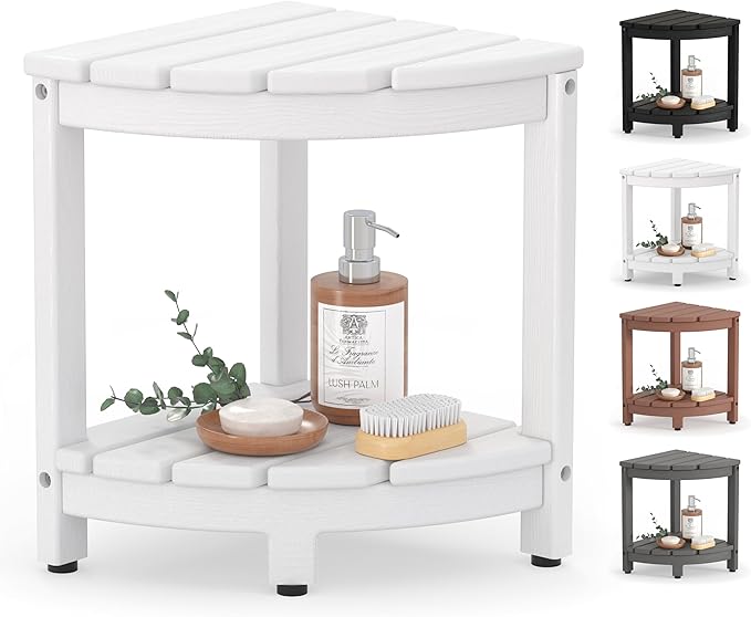 Corner Shower Stool for Inside Shower, HDPE Waterproof Shower Bench Seat Chair, Plastic Bath Shower Stool for Shaving Legs Foot Rest with Storage Shelf, Adjustable & Non-Slip Feet, White