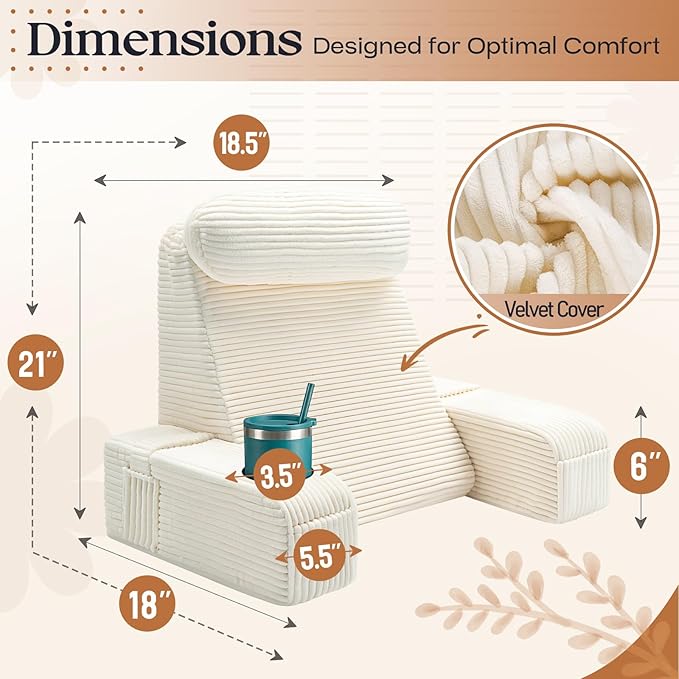 Reading Pillow/Backrest Pillow with Arms, Cup Holder & Phone Pocket - Bed Rest Pillow with Adjustable Headrest, Corduroy Fabric for Back Support in Bed/Sofa/Floor (Off-White, 21 INCH)