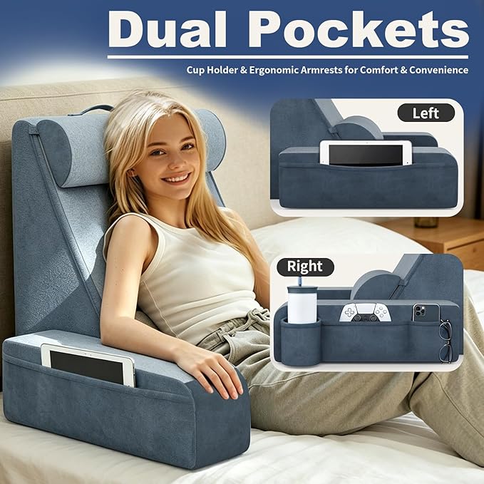 Reading Pillow, Back Pillow for Bed with Adjustable Headrest & Independent Lumbar Support, Detachable Armrest Sit Up Pillow for Bed, Dual Side Storage Pockets for Reading Gaming Nursing Sofa and Dorm