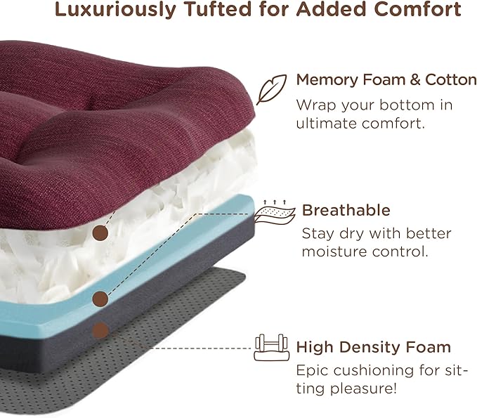 Codi 6 Pack Dining Chair Cushions, Thick Chairs Pads for Indoor Kitchen Room - Washable, Non-Slip Memory Foam Seat Cushion with Ties, 16.5"x16.5"x 3.5", Set of 6, Wine New