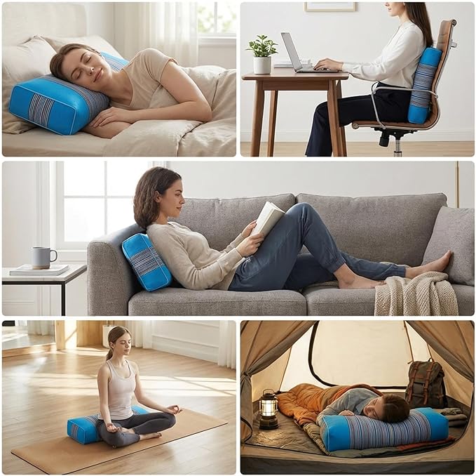 Adjustable Buckwheat Hull Pillow for Neck Pain Relief (21x8x4) Natural Cooling Cervical Support Camping Pillow for Side & Back Sleepers with Night Sweats (Blue)