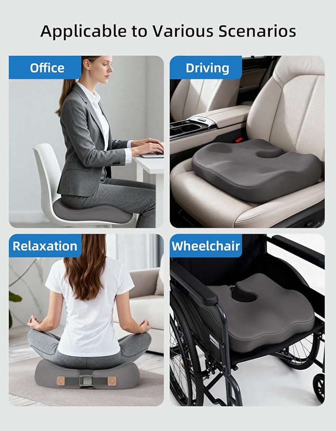 Extra Dense Orthopedic Seat Cushion, Ergonomic Memory Foam Seat Cushion for Office Chair，Desk Chair，Car，Wheelchair, Tailbone Hip Sciatica Pain Relief Cushion for Long Sitting（Grey）