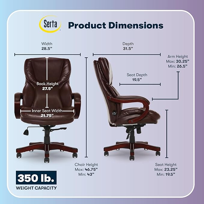 Serta Conway Big & Tall Executive Office Chair, Ergonomic High-Back with Adjustable Lumbar, Semi Plush Cushion and Body Pillows, Padded Armrests, Wooden Swivel Base, Bonded Leather, Chestnut Brown