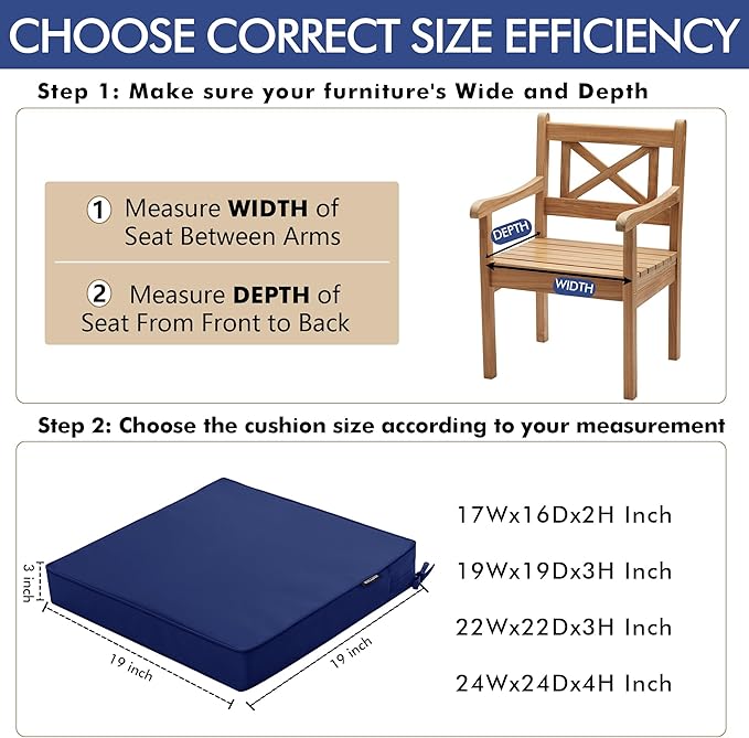 Outdoor Chair Cushions 19 x 19 Inch Water Resistant Patio Chair Cushions with Tie 3 Year Color Fastness Thick Outdoor Seat Cushion for Garden Lawn Patio Furniture Navy Set of 2