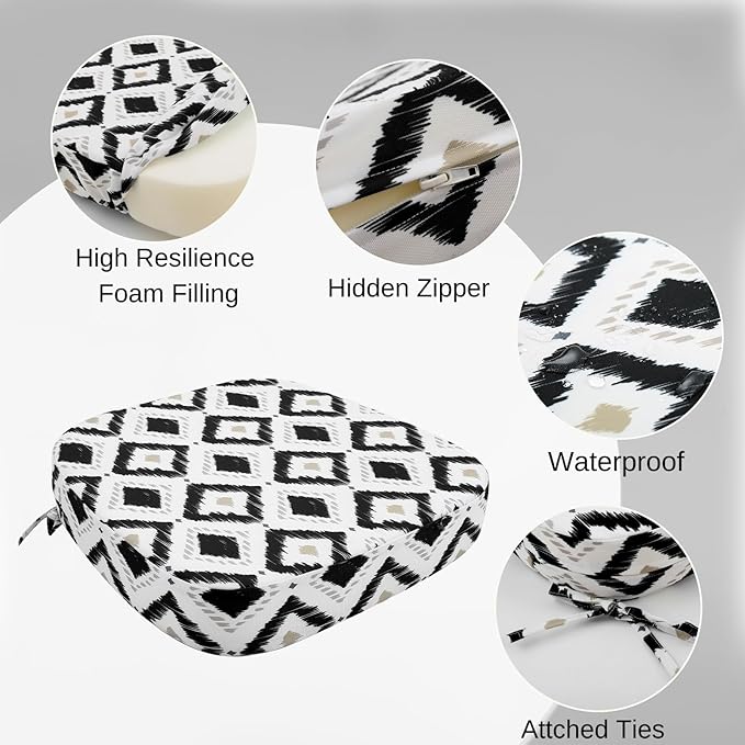 idee-home Outdoor Chair Cushions Set of 2, 17" x 17" x 3" Thick D-Shaped Patio Furniture Outdoor Seat Cushions Waterproof with Ties, Dining Pads