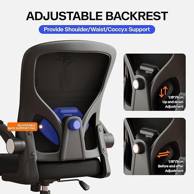 Office Chair, Ergonomic Desk Chair with Adjustable Lumbar Support Flip-up Arms,Comfortable Swivel Mesh Back Computer Chair Executive Task Chair for Home Office Use (Black)