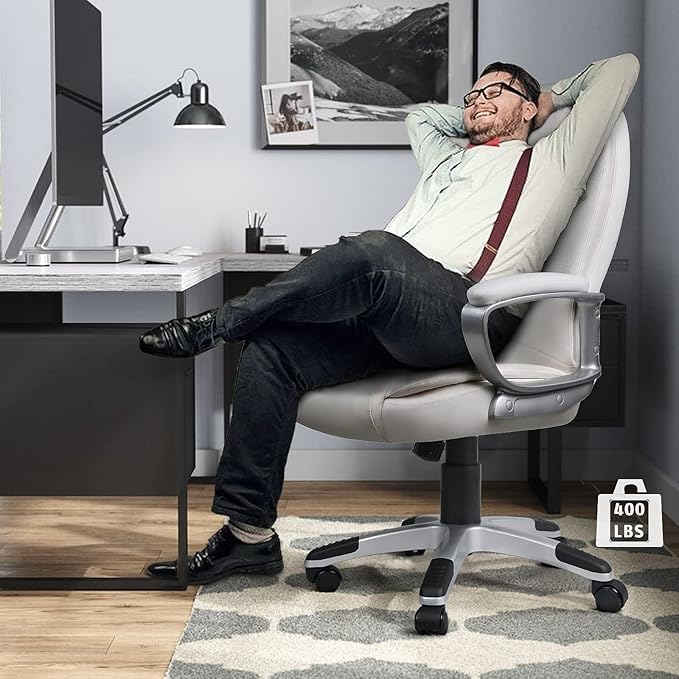 LEMBERI Office Desk Chair, Managerial Executive Chair, High Back Computer Chair, Ergonomic Height Adjustable PU Leather Chairs with Padded Armrest for Long Time Sitting (White)