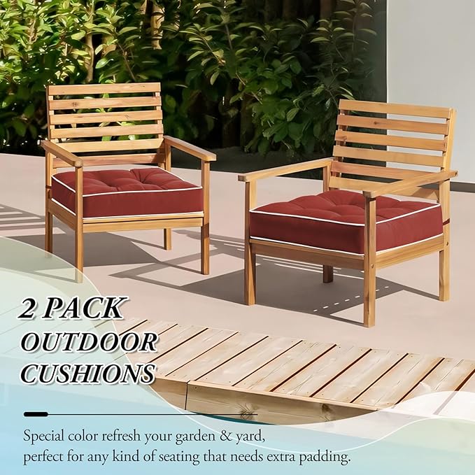 Wellsin Outdoor Chair Cushions Set of 2, Patio Cushions for Outdoor Furniture, Tufted Water-Resistant Outdoor Chair Pads, 19 x 19 Inch, Brick Red