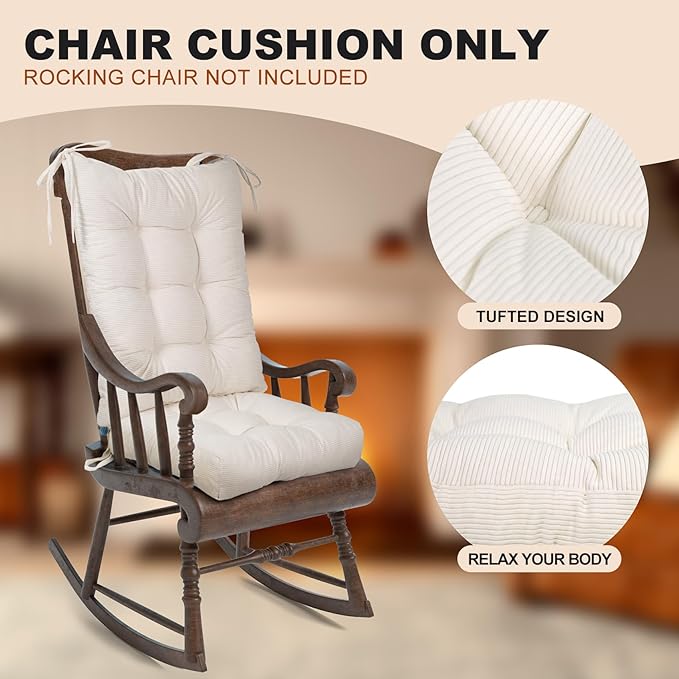 Lokex Rocking Chair Cushion Only,Tufted Non-Slip Comfortable Rocking Chair Cushions Indoor with Ties,Striped Rocking Chair Pads (White, 28x18/18x18)