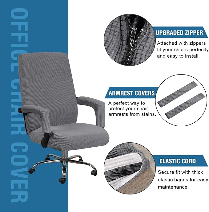 H.VERSAILTEX Stretch Computer Office Chair Cover with Durable Zipper Universal Washable Removable Spandex Rotating Boss Chairs Slipcovers Anti-dust Desk Chair Seat Protector for Dogs Cats Pets,Grey