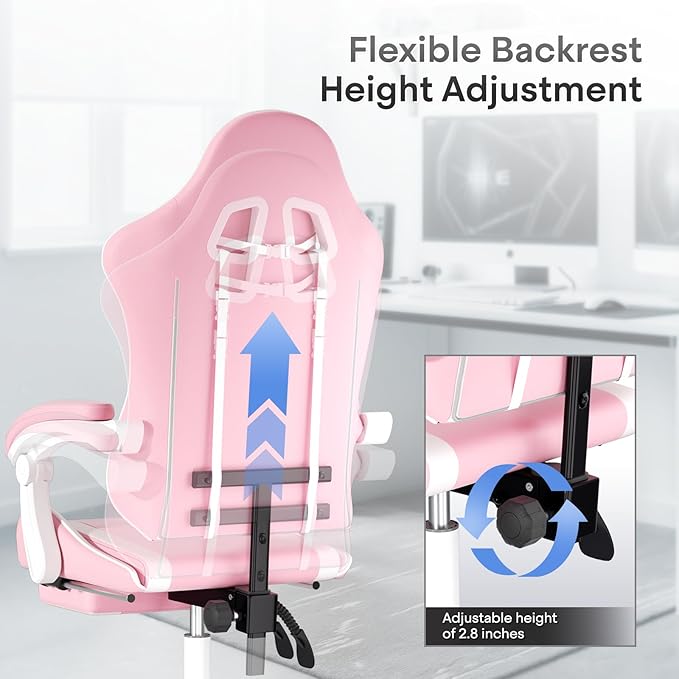 Athena Collection Gaming Chair, Ergonomic Gaming Chair with Footrest & Headrest Lumbar Support, Height Adjustable Swivel Computer Chair Office Chair for Kids Adults(Pink)