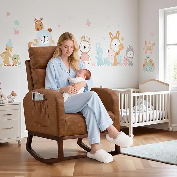 Nursery Rocking Chair, Comfy Modern Glider Rocking Chair with High Backrest and Armrest, Teddy Upholstered Rocking Accent Chair with Side Pockets for Living Room, Bedroom, Office,Brown