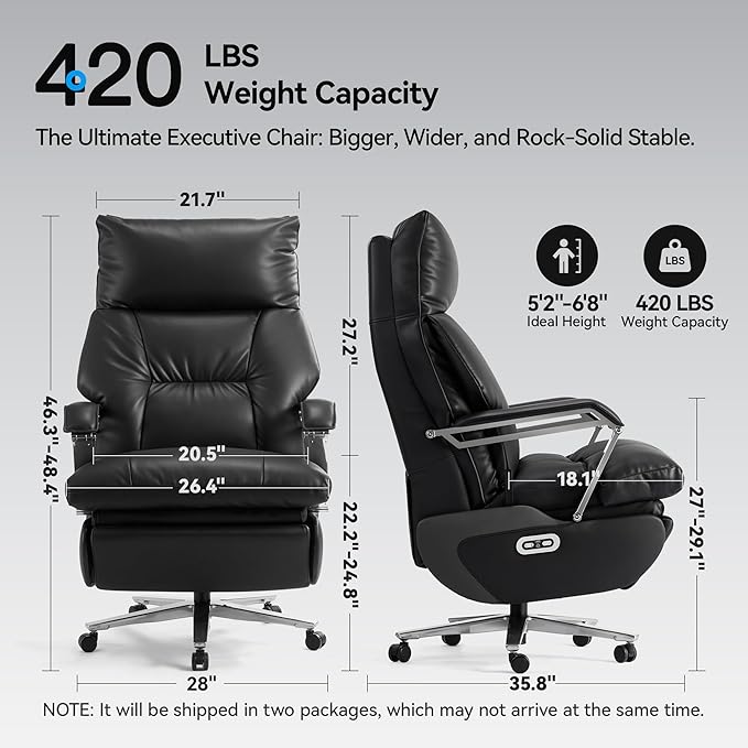 OKUP® M80 Dual Motor Electric Executive Office Chair with Footrest, Comfortable Reclining Office Chair Wide Seat, Ergonomic Leather Home Office Desk Chair, Black, No Massage