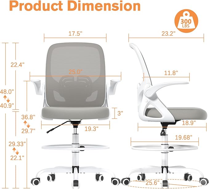 ORRSAKER Drafting Chair Tall Office Chair for Standing Desk, Breathable Mesh Ergonomic Computer Desk Chair with Flip-Up Armrests, Adjustable Lumbar Support and Footrest Ring,300 LBS，Gray