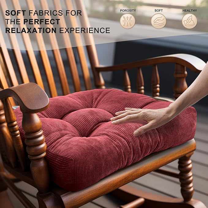 Lokex Rocking Chair Cushion Only,Tufted Non-Slip Comfortable Rocking Chair Cushions Indoor with Ties,Striped Rocking Chair Pads (Burgundy, 28x18/18x18)