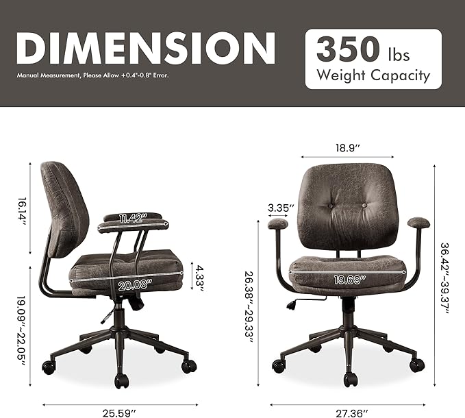 Leather Home Office Chair, Mid Back Ergonomic Desk Chair with Lumbar Support, Mid Century Modern Deep Seat Swivel Rocking Computer Chair, Dark Gray