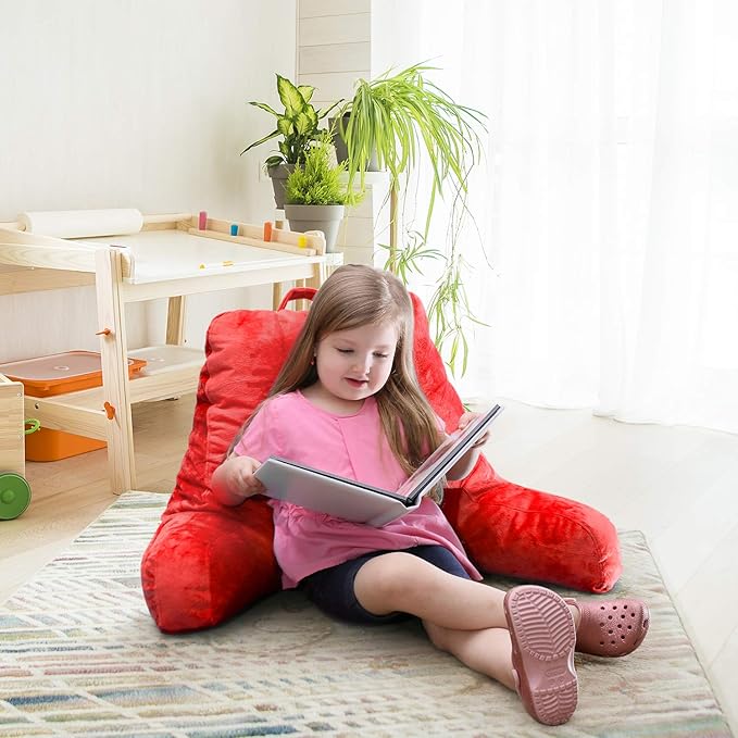 Clara Clark Reading Pillow for Kids & Teens with Shredded Memory Foam, Backrest Pillows for Reading, Watching, and Gaming, Use on The Couch, Bed, or Floor, Adjustable Support, Washable Cover Red