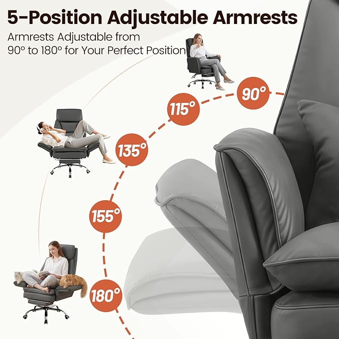Furniliving Big and Tall Office Chair, Executive Reclining Computer Gaming Chair with Foot Rest, Flip Armrest & Lumbar Pillow, Thicken Wider Seat for Criss Cross Legged Sitting, Desk Chair, PU, Grey