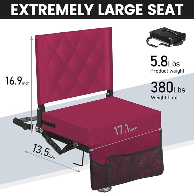 Sheenive Stadium Seats for Bleachers with Back Support, Bleacher Seats with Backs and Cushion Wide, Padded Portable Folding Comfort Stadium Chair with Shoulder Strap, Perfect for Sports Events, Maroon