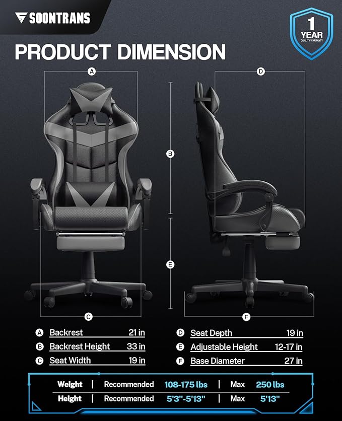 Soontrans Grey Gaming Chairs with Footrest,Ergonomic Computer Game Chair, Gamer Chair with Lumbar Pillow and Adjustable Headrest (Galaxy Grey)