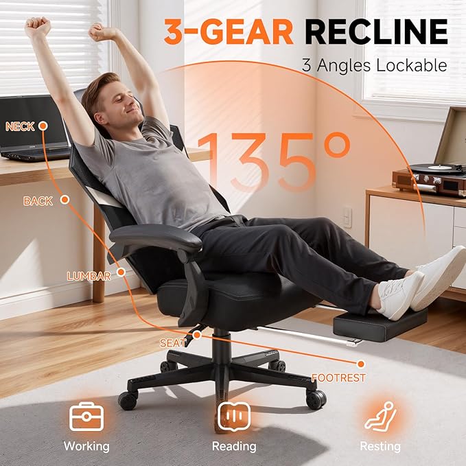 GTPLAYER Computer Chair with Adjustable Footrest, Ergonomic Gaming Chair with Headrest and Lumbar Support, Breathable Mesh Office Chair for Adults, High Back Reclining Desk Chair for Gaming and Office