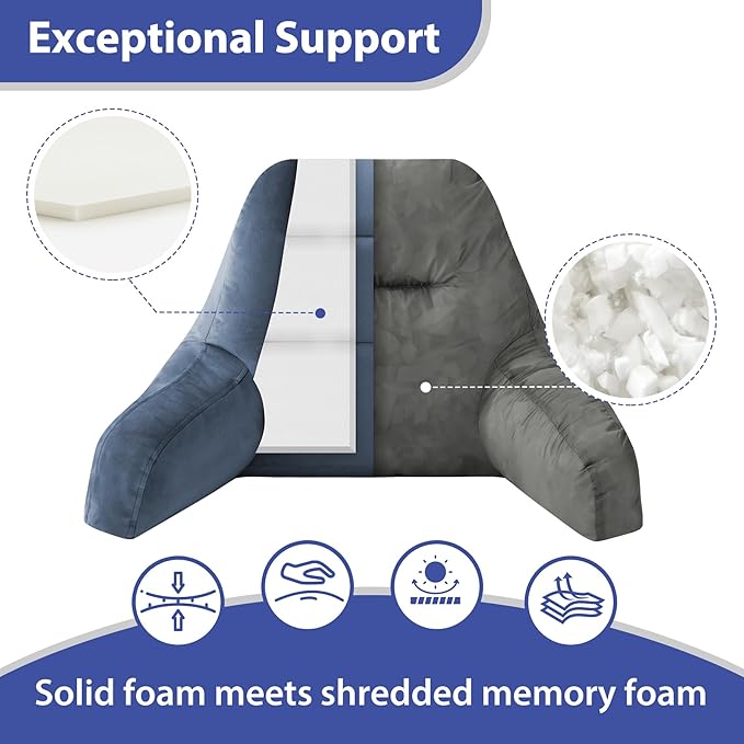 IASEAHK Reading Pillows for Sitting in Bed Adult, Back Pillow for Bed Sitting Up, Backrest Pillows with Shredded Foam for Adult&Teens, Support Pillow with Arms for Beds, Couch, Floor, 24in, Navy Blue