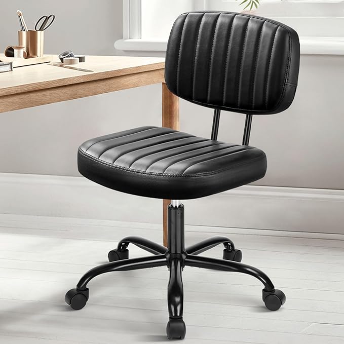 DUMOS Small Armless Home Desk Chair with Low Back Lumbar Support, Height Adjustable PU Leather Computer Task Chair with 360° Swivel Wheels, for Small Space, Adults, New Black