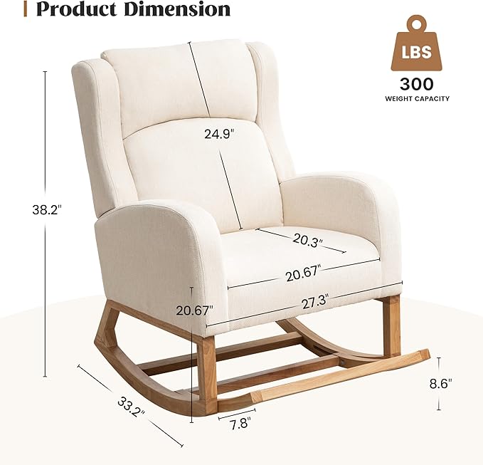 HCHAIRH Rocking Chair Nursery, Nursing Rocking Chairs for Mom Nursery, Comfy Wingback Glider Rocking Armchair with Foot Rest and Side Pocket for Nursery Living Room Bedroom, Beige