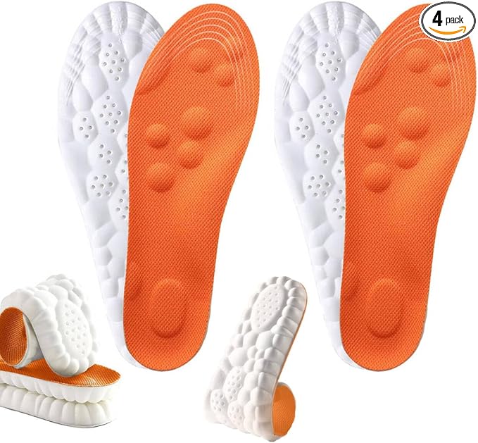4D Cloud Insoles for Men Women, Breathable Memory Foam Cloud Massage Insoles, Enhanced Arch Support & Cushioned Comfort,Relief Foot Pain,Fits All Shoe Types(2 Pairs-Orange, Men 9-10/Women 11-12)