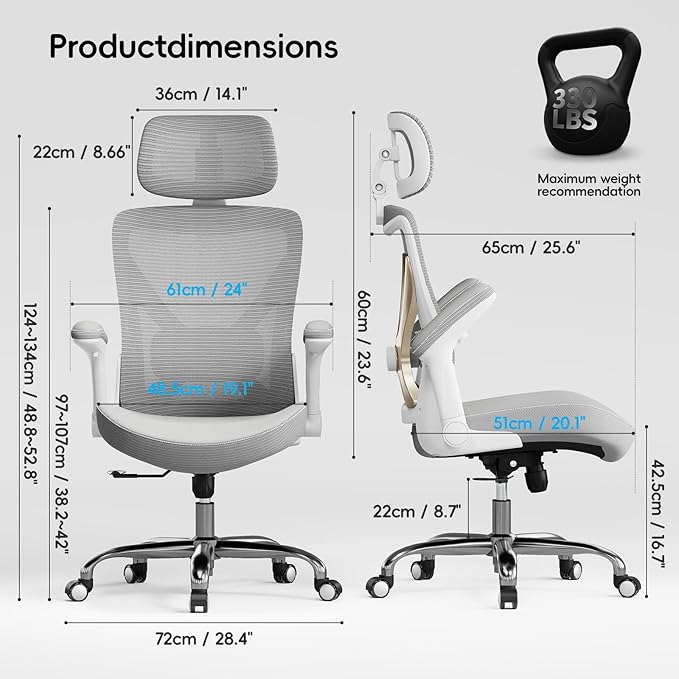 Ergalithic Office Home Ergonomic Desk Chair-Computer X-Shaped Chair Mesh PU Leather with Adjustable Lumbar Support-Executive Chair High Back with Headrest Flip-Up Arms for Long Hours (Grey)