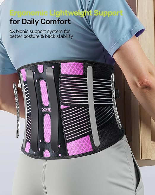 Rakiie Slim Back Brace for Lower Back Pain Relief, Lightweight & Breathable Back Support Brace for Men Women, Ergonomic Light Lumbar Support for Everyday Wear, Pink L