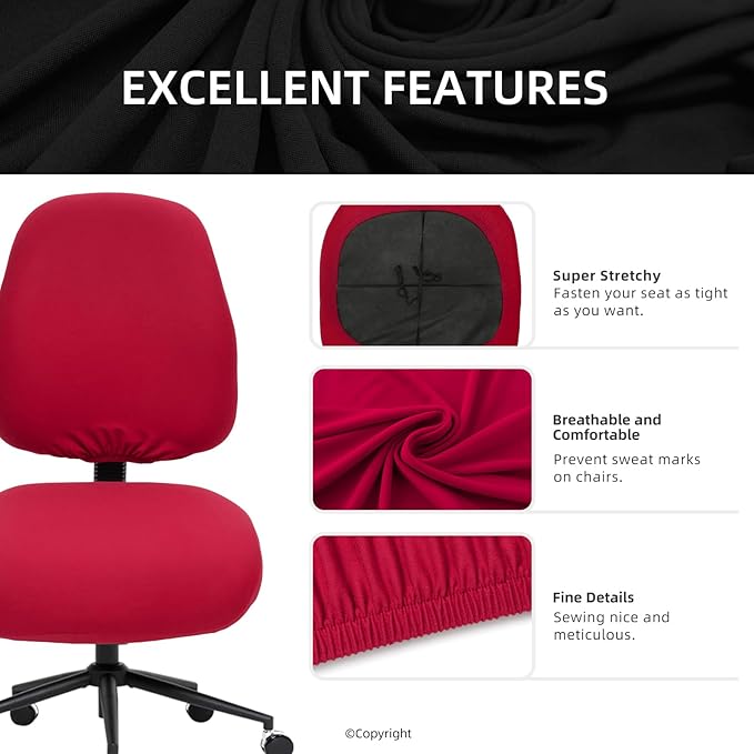 Stretchable Separate Office Chair Seat Covers - Universal Stretch Computer Chair Slipcover - 180GSM Washable Rotating Backrest Coverings & Cushion Protectors for Dogs, Cats, Pets, Red