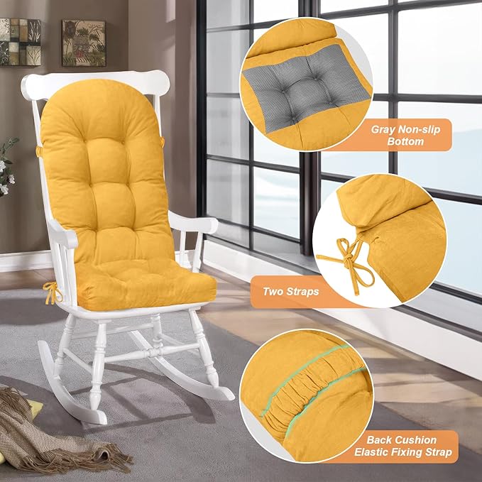 Rocking Chair Cushion - Chenille Fabric, High-Density Sponge, Durable Comfort Non-Slip Bottom Tufted Seat Pads with Ties, Chenille︱Yellow, 44x19x4 inch