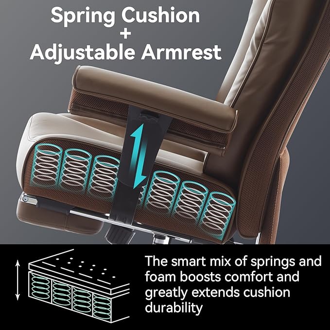 Efomao Big and Tall Office Chair with Footrest, 450lbs High Back Executive Chair with Spring Cushion, PU Leather Upholstery, Padded Armrests, Swivel Base, and Rolling Wheels – Brown Computer Chair