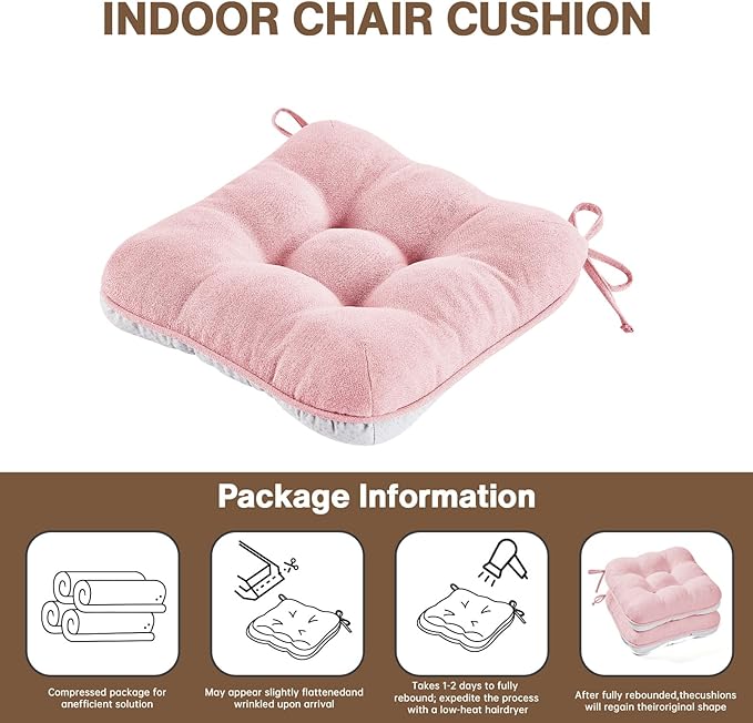 BETU Pink Chair Cushions for Dining Chairs Set of 4,3.5" Thick Kitchen Table Chair Pads with Ties,Non Slip Backing and Covers, Seat Cushion for Dining Room,Bar,Patio Chairs,15.5"X15.5"X3.5",Pink