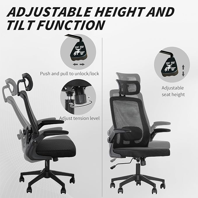 HOMCOM Office Chair, High Back Desk Chair with Flip-up Armrest, Rotatable Headrest, Tilt Function, Adjustable Lumbar Support, Swivel Wheels for Home Study, Black
