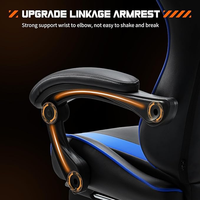 DUMOS Gaming Office Desk Chair with Footrest and Headrest for Adults, PU Leather Ergonomic Video Computer Chair with Linkage Armrests, Height Adjustable 360° Swivel Recling Chair, New Blue