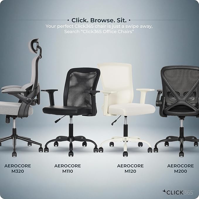 AeroCore M110 Ergonomic Mesh Office Chair, Mid-Back Desk Chair with Lumbar Support, Adjustable Height 360 Swivel, Rolling Wheels, Padded Seat, Small Space Home Office, 275 lb Capacity, Black