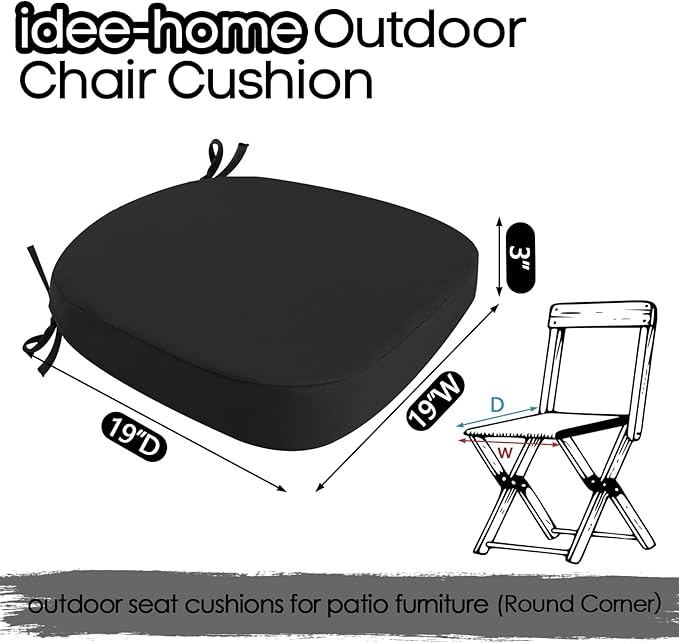 idee-home Outdoor Chair Cushions Set of 2, 19" x 19" x 3" Thick D-Shaped Patio Furniture Outdoor Seat Cushions Waterproof with Ties, Dining Pads