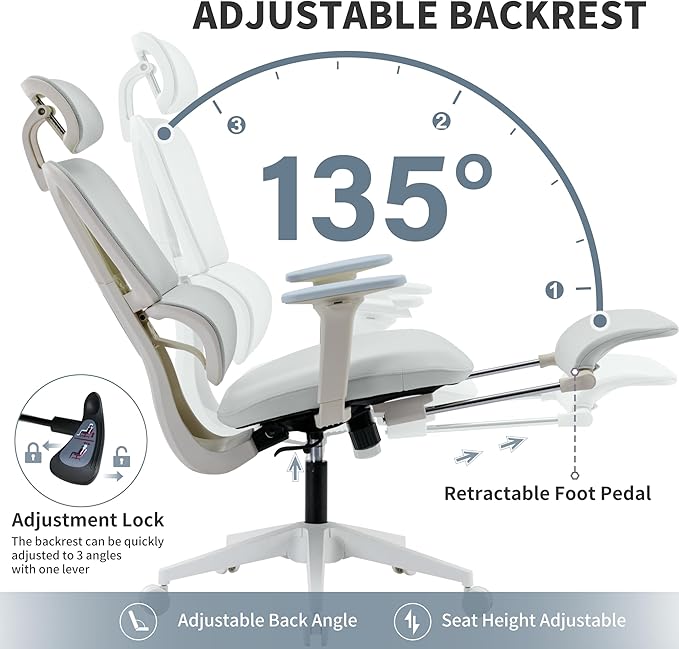 Ergonomic Office Chair with Footrest, 90-135° Reclining High Back Desk Chair with Lumbar Support, 2D Headrest, 2D Armrests, Computer Chair for Long Hours, Light Grey