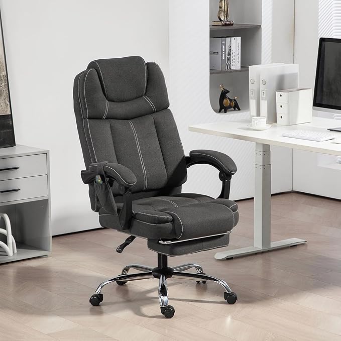 ECOTOUGE Massage Office Chair with Footrest, Ergonomic Adjustable Reclining Executive Home Desk Chair w/ 6 Vibration Points & Heat, Dark Grey